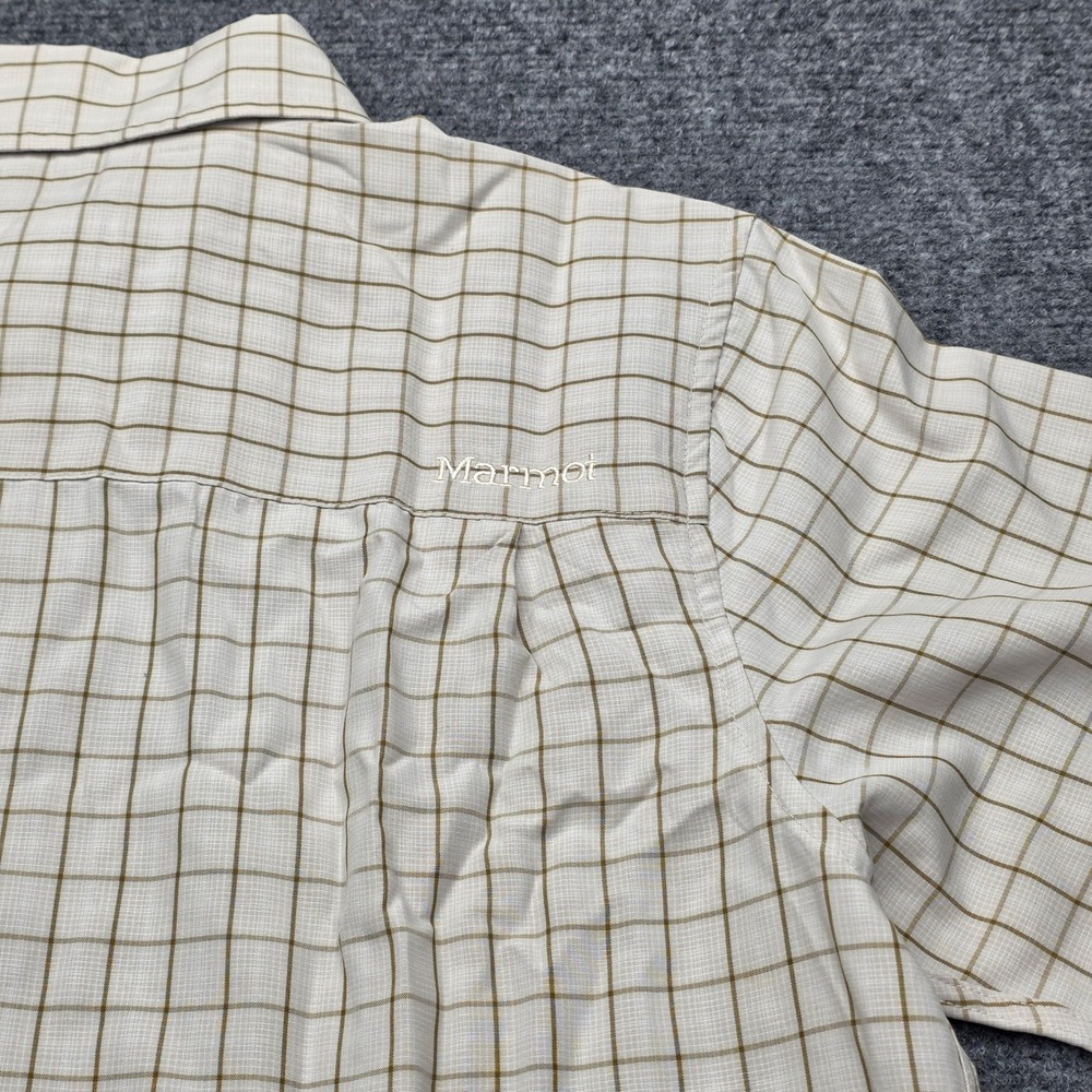 Marmot Mens M Short Sleeve Button Up Shirt Tan Plaid Hiking Outdoor Breathable - Picture 9 of 9